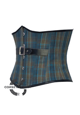 Blue Printed Corset with Black Leather Belt Gothic Costume Waist Cincher Underbust Bustier Top